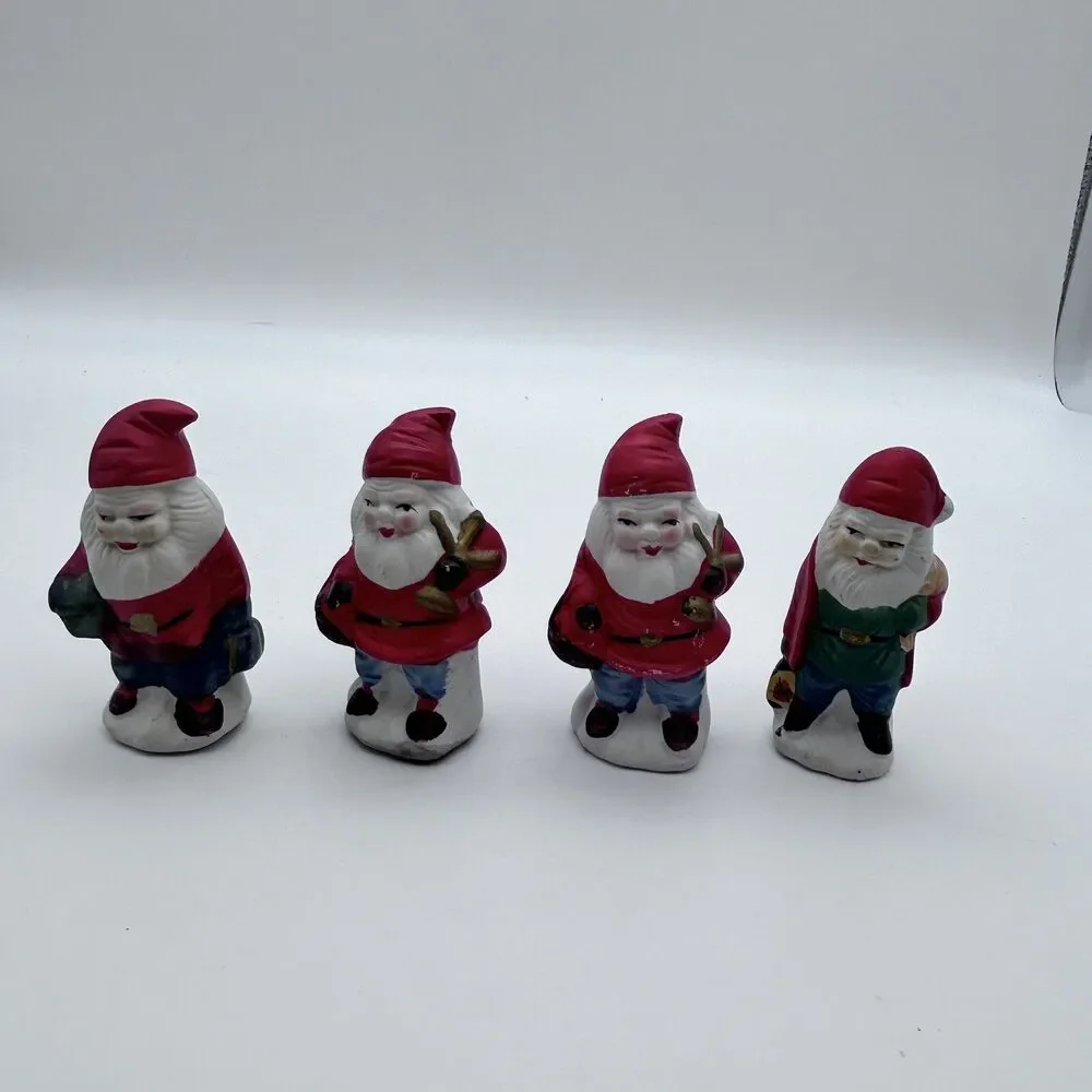 Vtg set of Santa Claus Gnome Christmas Figure 3” Porcelain Figurine (set of 4)
